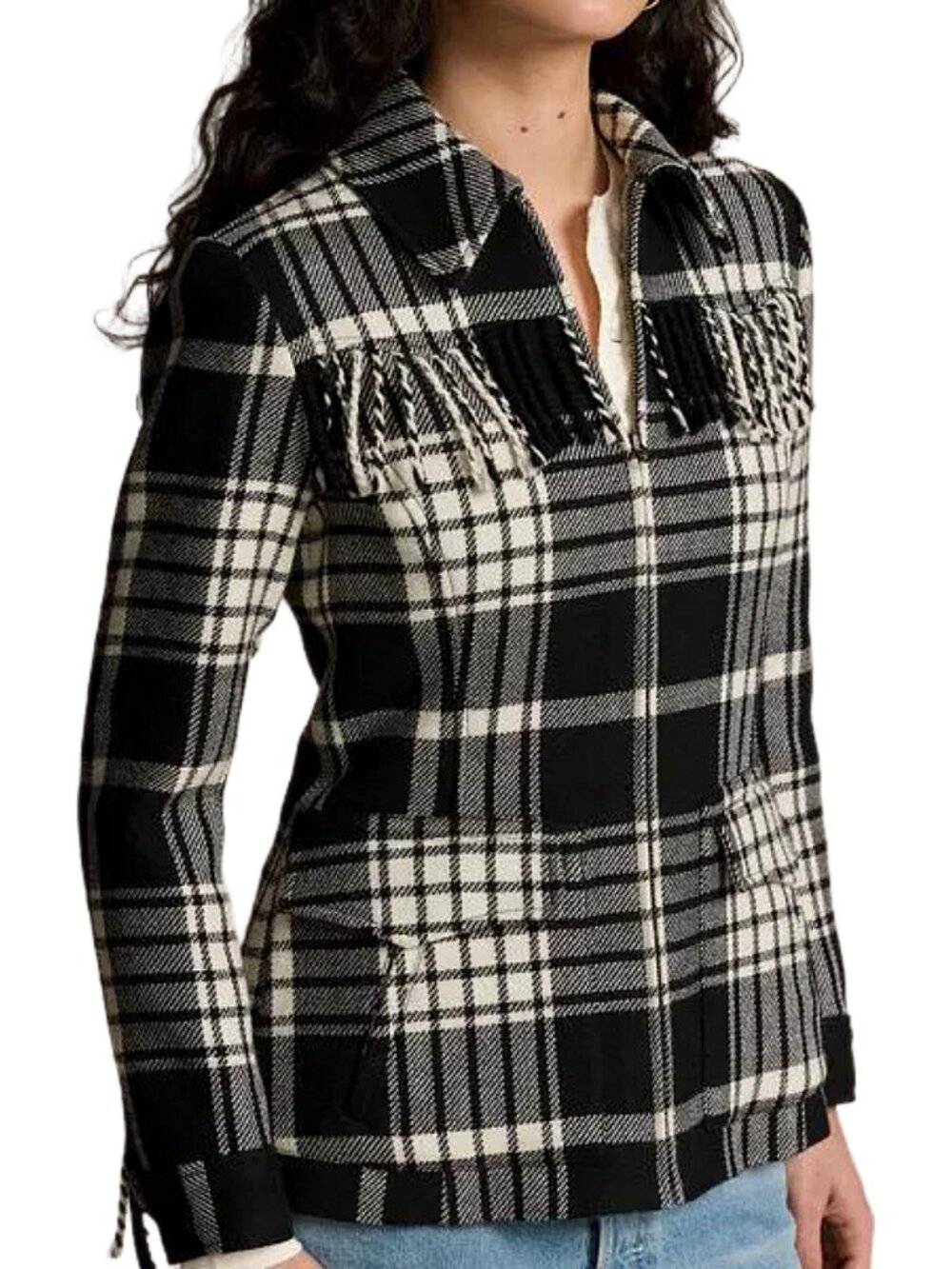 Polo Ralph Lauren Wool Plaid Fringe Jacket NWT Black Cream Size 4